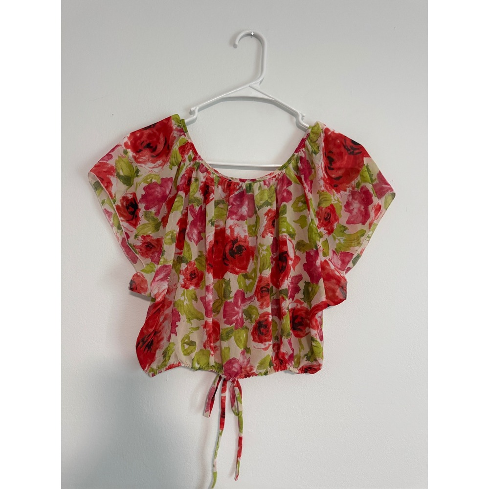 Wet Seal Y2K Floral Crop Top Red Pink Rose Sheer Flutter Sleeve Tie Hem Blouse L - Picture 4 of 5